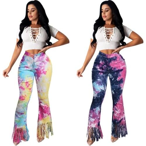 Ripped Jeans For Women High Waist Jeans Tie Dye Print Flare Jeans With Holes Patchwork Bell Bottom Jean Denim Pants Trousers