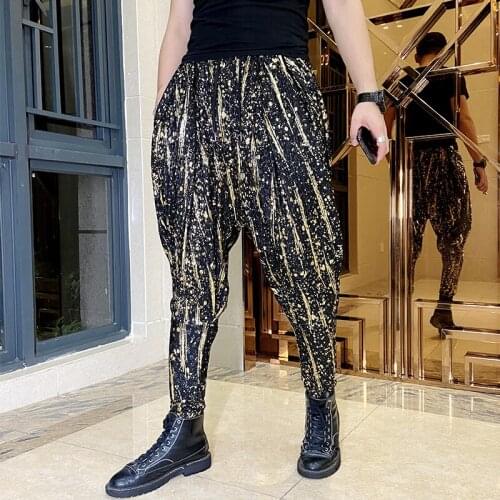 Men Loose Casual Harem Pants Golden Black Bronzing Printed Cargo Hip Hop Dance Long Bar Nightclub Fashion Trousers