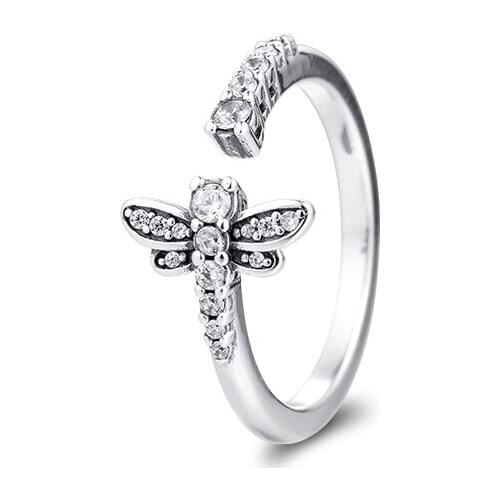Sparkling Dragonfly Open Rings 100% Authentic 925 Sterling-Silver-Jewelry Free Shipping
