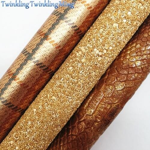 GOLD Glitter Fabric, Metallic Snake Leather, Printed Plaids Synthetic Leather Sheets For Bow A4 21x29CM Twinkling Ming XM687