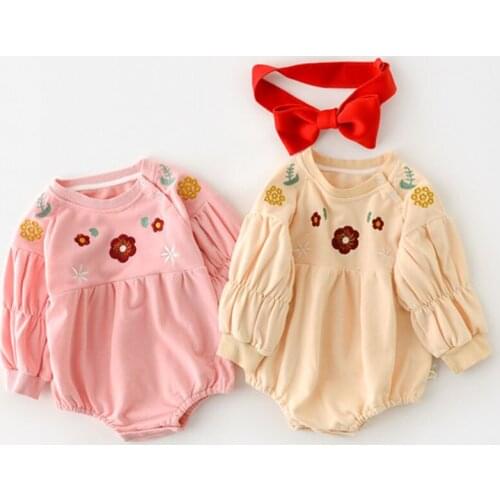 Spring Kids Girl Bubble Sleeve Rompers Infant Baby Girl Newborn Flower Embroidery Rompers Clothes Baby Girl Rompers