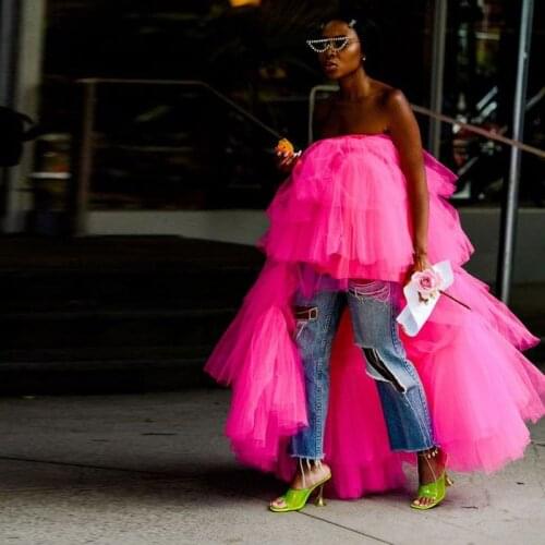 2020 Fashion Hot Pink High Low Ruffles Tulle Skirts Puffy Tiered Long Tutu Skirt Women Elastic Custom Made Female Skirt New