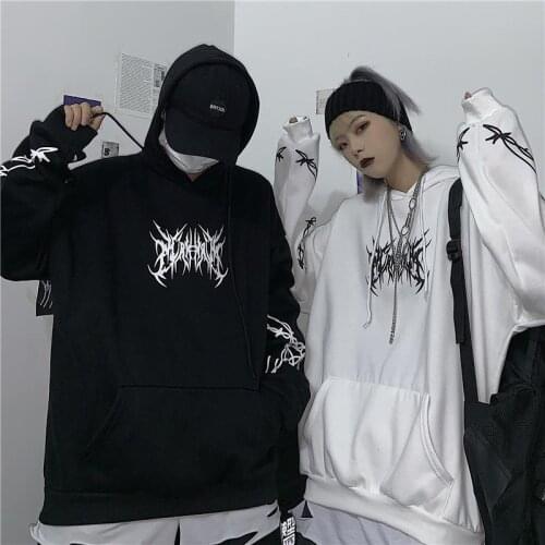 Female Korean Version Of The Retro Dark Gothic Style Thorns Print Plus Velvet Hooded Loose Large Size Hip-hop Y2k Met Itself