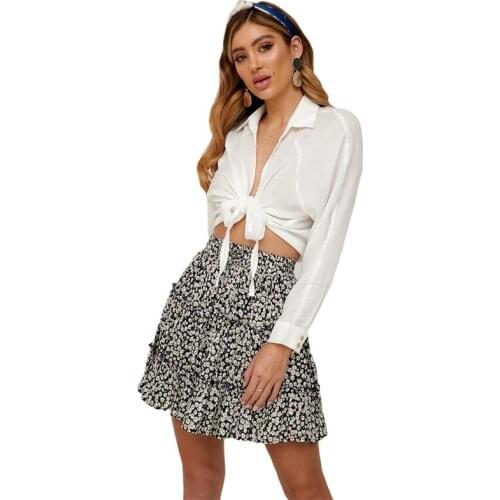 2021 Summer New Female Floral Lace High Waist Ruffled Pleated Mini Skirt