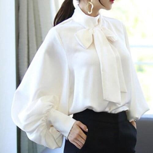 Women Lantern Sleeves Solid Color Chiffon Shirt Elagent Self-tie Bowknot Top AM1213