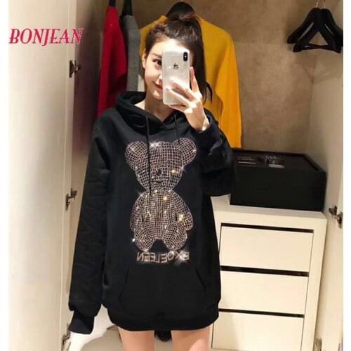 NEW Korean Beading Bear Hoodie Harajuku Streetwear Womens Winter Tops Sweatshirt Crystal Oversized Long Sleeve Japanese Fashion
