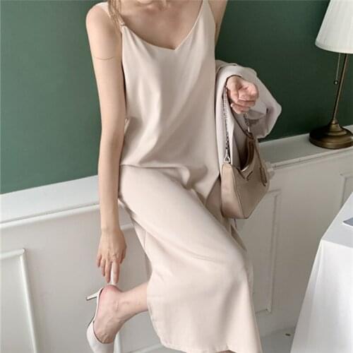 Mazefeng New 2020 Womens Summer Sundress Basic V-Neck Sexy Solid Multi Colors Satin Vintage Elegant Split Long Dress Size S M