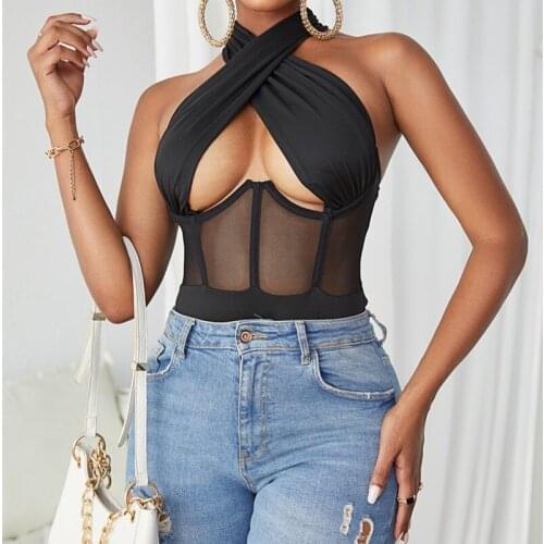 Jumpsuits Halter Frenulum Breast Wrapping Splicing Gauze Perspective Sexy Self Cultivation Jumpsuit Women Summer 2021