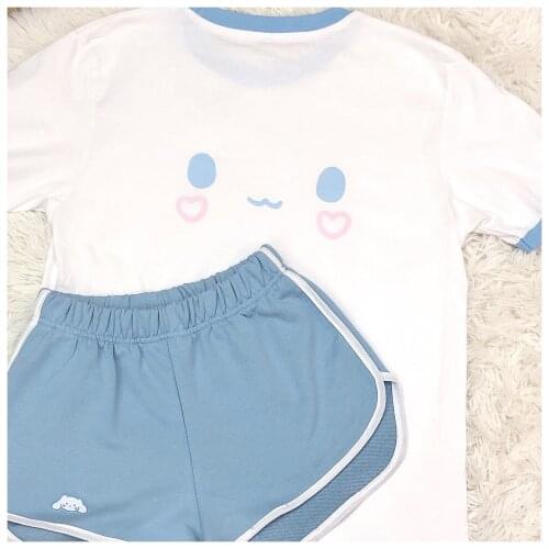 Original Design Cute Girl Women White Puppy Head Embroidery Summer Sports Set White Short Sleeve T-Shirt & Sky Blue Shorts