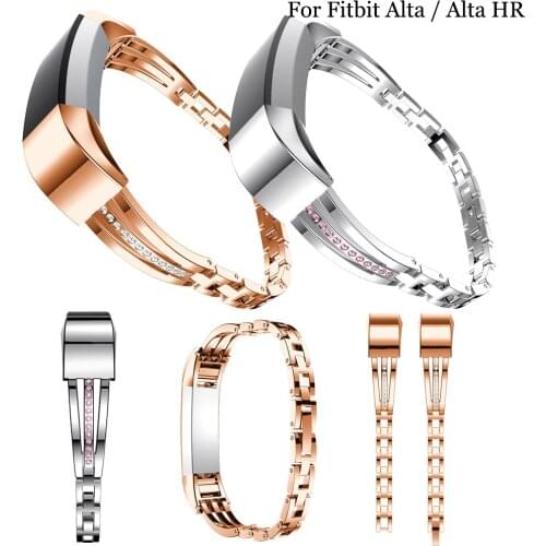 Women Silver Stainless Steel with rhinestone Adjustable Bracelet Watch Band Wrist Strap for Fitbit Alta/Alta HR Smart Watch