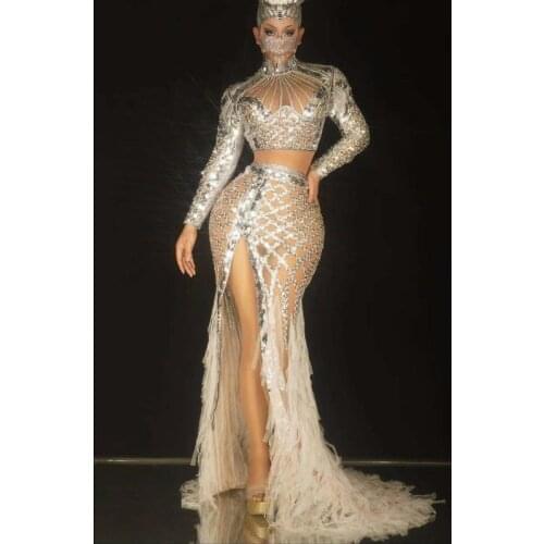 Flashing Silver Sequin Stone White Fringe Long Dress Birthday Celebrate Prom Spandex Outfit Women Concert Dancer Show Stage Wear