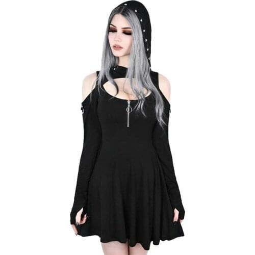 Mini Dress Pure Color Gothic Hooded Dresses Low Cut Cold Shoulder Zipper Above Kneewomens Fashion Mini Sukienka Romantic Robe