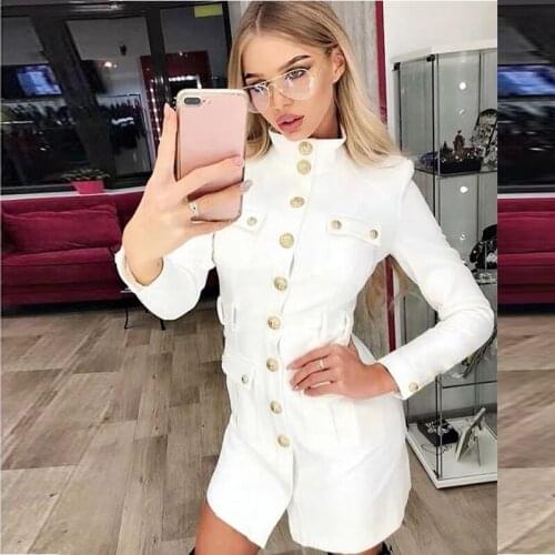 S-3XL High Quality 2020 Classic Fashion Solid Color Turtleneck Slim Pocket Button Button Single Breasted Long Sleeve Woman Dress