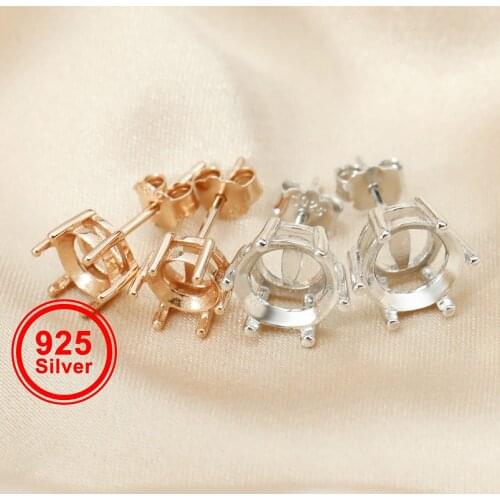 1Pair 5-8MM Round 6 Prong Rose Gold Plated Solid 925 Sterling Silver Studs Earrings Settings DIY Jewelry Supplies 1706040
