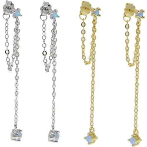 100% 925 Sterling Silver Tassel Chain Two Round Fire Opal Stone Romantic Dangling Fine Trendy Lady Jewelry Earring