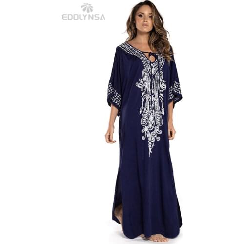 2021 Indie Folk Lace Up V-Neck Batwing Sleeve Summer Beach Dress Tunic Women Beachwear kaftan Maxi Dress Robe Sarong N775
