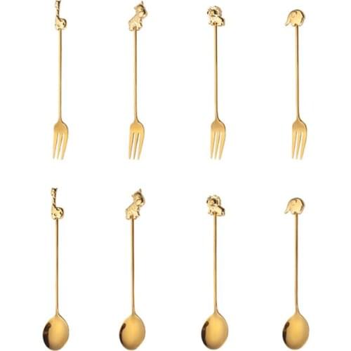 8Pcs/Set Stainless Steel Golden Cutlery Set Dinnerware Set Tableware Fork Spoon Christmas Gift Animals Spoon Fork Set
