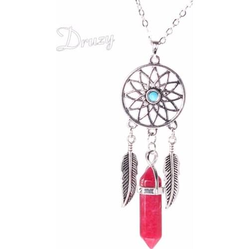 Druzy Stylish Bohemian Style Dream Catcher Feathers Hexagonal Column Natural Stone Pendant Necklace Gift for Women Girl Hot Sale