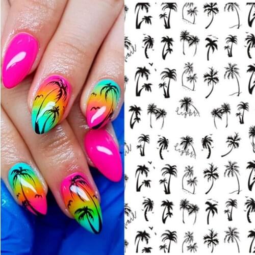 1pc Black Coconut Tree 3D Nail Sticker Summer Ocean Shark Tropical Palm Leaf Transfer Sticker Nail Decals DIY Nail Decoration