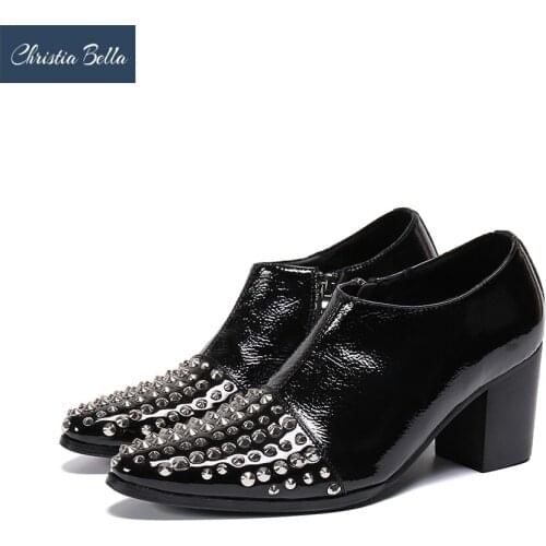 Christia Bella Designer High Heel Men Party Shoes Rivets Real Leather Dress Shoes Increase Height Nightclub Male Dancer Boots