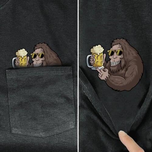 Cotton T-Shirt Fashion Summer Middle hand Pocket Beer Bigfoot Printed Cotton T-shirt Men for Women Funny Black Tee Tops