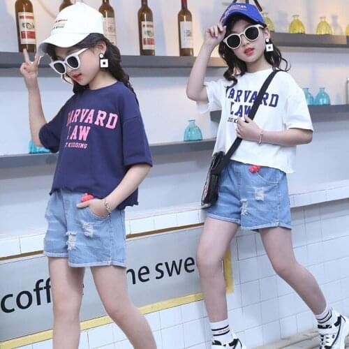 IENENS Summer Girl Clothes Sets Short Sleeves T-shirt + Jeans Shorts Suits Kids Loose Clothing Child Summer Casual Outfits