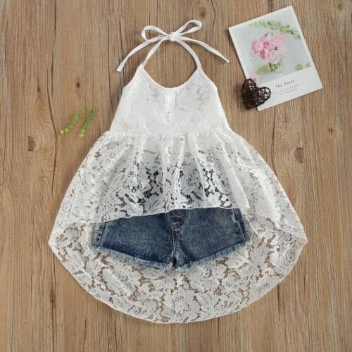 Kids Lace Dress Set, Neck Strap Tie Up Backless Dress Tops Elastic Waist Short Jeans with Pockets Summer 2021
