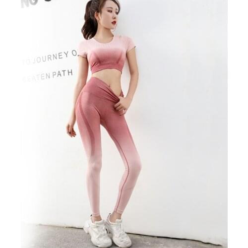 Yoga Set Women Jumpsuits Crop Top Shirts Seamless Pants Leggings Gradient Fitness Sports Outfits Gym Exercise Summer Two Pieces
