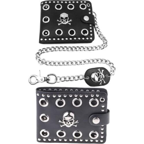Y166 Leather Cool Punk Gothic Western Skull Clutch Purse Wallets With Chain For Men