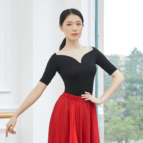 Adult Fashion Sexy Invisible Skin Black Belly Dance Top Ballet Costume T Shirt for Women Dancing Clothes Dancer Wear Clothing