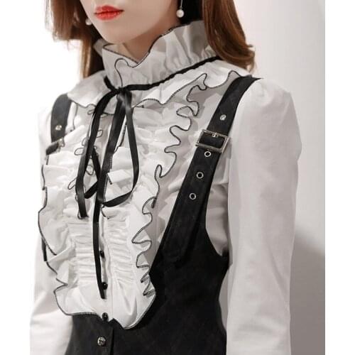 2018 Primavera New White Ruffles Mulheres Fita camisa de manga comprida manga Alargamento Elegante blusa Mulheres