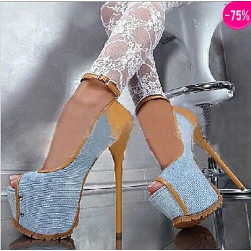 New Fashion Women Sexy Open Toe Denim Ankle Strap High Platform Pumps Charming Blue Jean Super High Heels Formal Dress Shoes