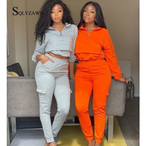 Autum Solid Two Piece Womens Clothing Fashion Casual Long Sleeve Zipper Sweatshirt and Pants Two Piece Matching Set Plus Size