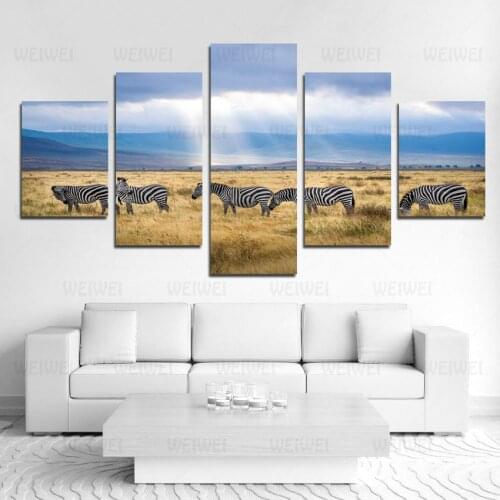 Grassland Landscape Five Panel Canvas Painting Home Decoration Zebra Group Wall Picture for Living Room Art Posters and Prints