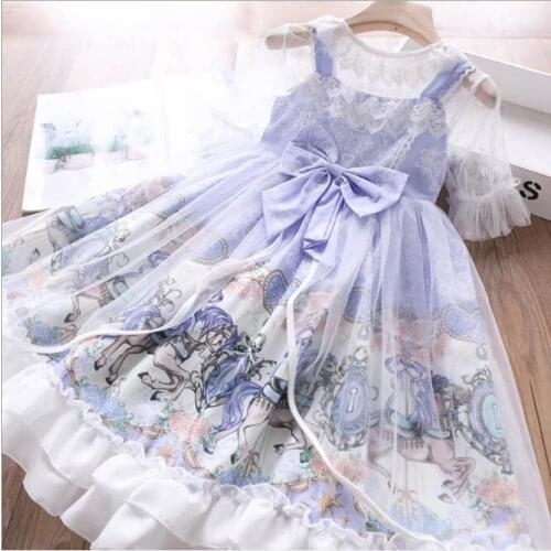 Girls Lolita Dress Summer Baby Girls Bow Floral Horse Print Dresses+Lace T shirt Childrens Dress Kids Clothing 4 6 8 10 12T