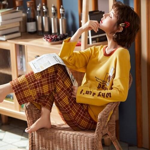 Casual Tracksuit Full Sleeve Pure Cotton Sleepwear Womens Pajama Set Cute Tops + Plaid Pants Nightwear Long Sleeve Pijama Mujer