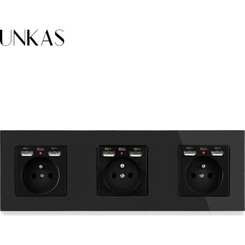 UNKAS Crystal Glass Panel French Standard Wall Socket With 6 USB Charge Port For Mobile Hidden Soft LED Indicator 258*86mm