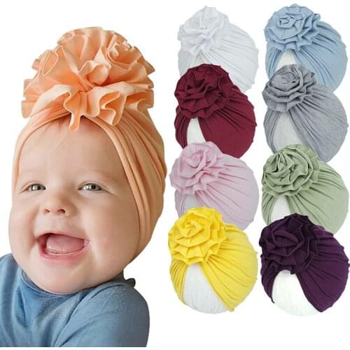 Fashion Spring Cotton Baby Turban Hat Big Flower Girls Caps Cute Newborn Baby Girl Beanie Hair Accessories 0-3 Years