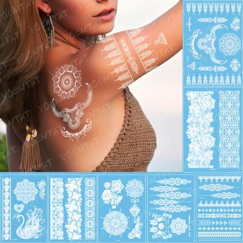 1PC Fashion Flash Waterproof Tattoo Women White Ink Henna Tatto Jewel Lace Flower Bride Tatoo Mandala Temporary Tattoo Sticker