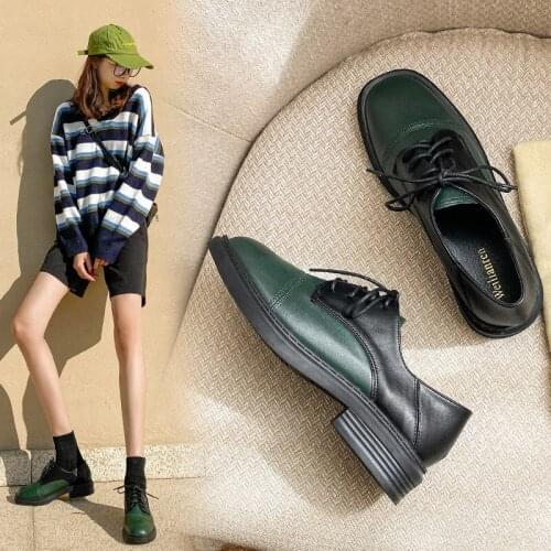 High Quality Fashion Flat Leather Shoes Women Platform Footwear Square Heels Lace Up Spring Summer Ladies Dress Shoes