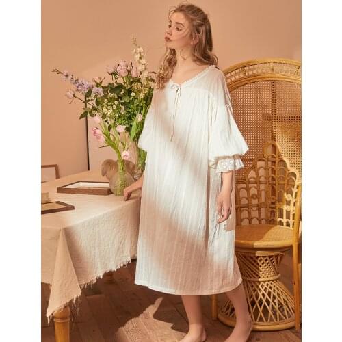 Vintage Loose Cotton Womens Nightgowns Short Sleeve Lace Princess Elegant Autumn Spring Female Holiday Thin Sleepwear