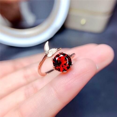 WEANIY Natural Garnet Ring, Mermaid Ring, S925 Silver, Round 8*8mm, Birth Stone, Engagement Ring
