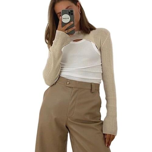 2021 Spring summer knitted crop tops Women long sleeve o-neck pullover sweater Solid chic fashion short knitwear top