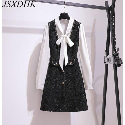 High End Office Ladies Tweed Two Piece Set Dress Autumn Women Bow Collar White Shirt + Woolen Gold Line Button Vest Dresses Suit