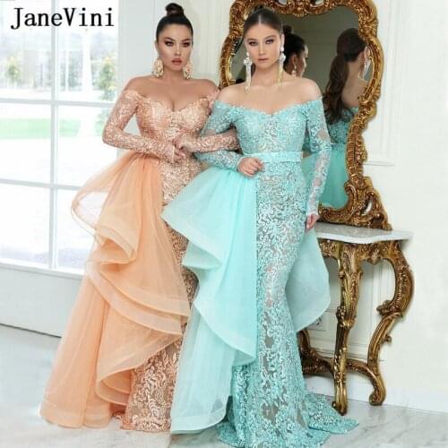 JaneVini Luxury Dubai Mermaid Lace Prom Dresses with Detachable Train 2020 V Neck Long Sleeves Heavy Beading Women Party Dress