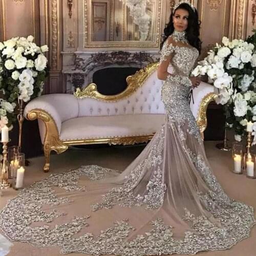 High Collar Mermaid Wedding Dress Boho Long Sleeves Floor Length Trumpet Robe De Mariee Appliques Dubai African Bridal Gowns