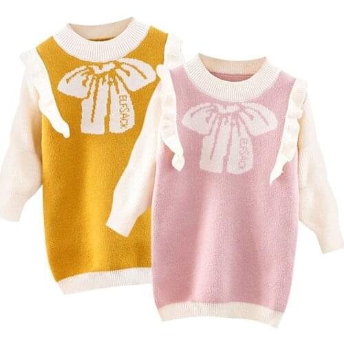 0-6 years old autumn new girls' Knitted Dress Girls' casual loose round neck color matching wool dress knitted A-line skirt