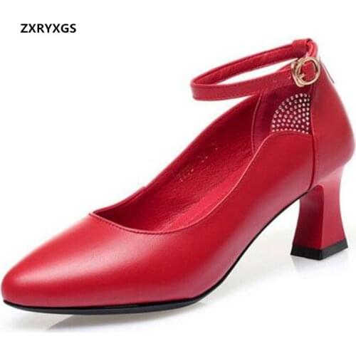 2021 New Pointed Toe Top Cowhide Rhinestone Women Leather Shoes High Heels Red Wedding Shoes Woman Elegant Comfort Stylish Shoes