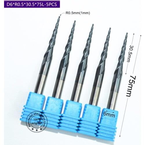 5PCS-Free shipping,6mm*R0.5*30.5*75L,cnc solid carbide taper ball nose engraving router bit,spherical cone woodworking milling