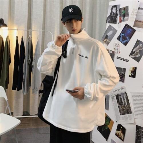 #7101 Black White Spring Autumn Turtleneck Sweatshirt Tops Pullovers Men Casual Loose Fashion Long Sleeves Korean Style Stand